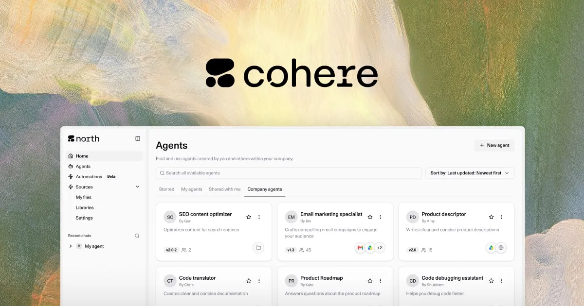 Cohere's North platform showing a list of AI agents, beneath the Cohere logo.