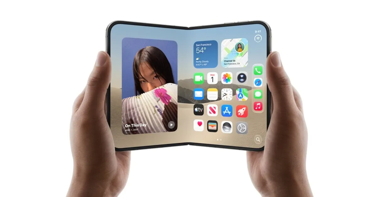 Apple's iPhone Duo, half unfolded and held in two hands, showing its inner display.